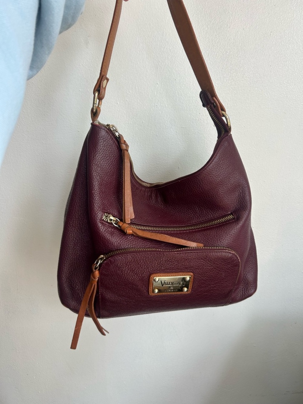 Valentina Burgundy Leather Shoulder Bag with Tan Trim